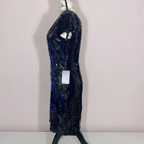 NWT Dress the Population Zoe Cap Sleeve Plunging Sequin Mini Dress black L - Picture 5 of 9